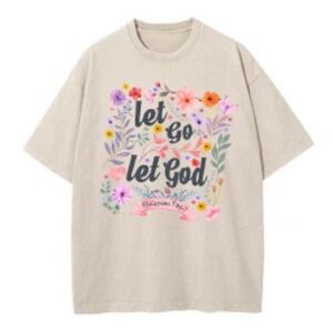 NWOT let go let God philippians 4:6-7 floral christian washed t-shirt in beige